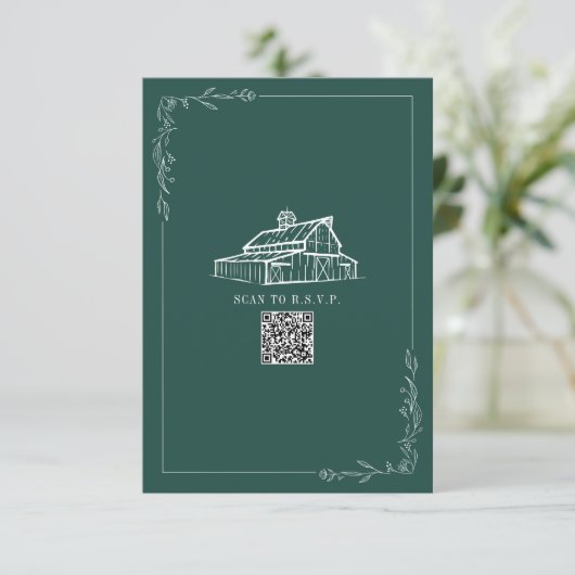 Rustic Barn Emerald Green QR Code Wedding RSVP Karte (Stehend Vorderseite)