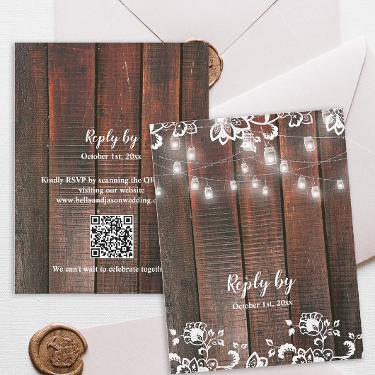 Rustic Barn Lace Wood QR Code String Light Wedding RSVP Karte
