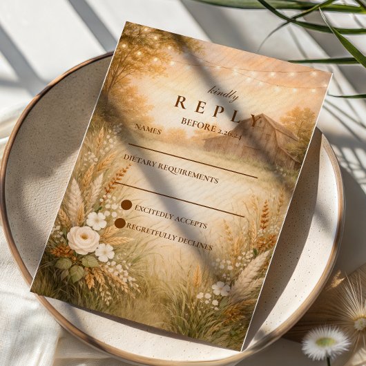 Rustic Barn Meadow String Lights Wedding RSVP Karte