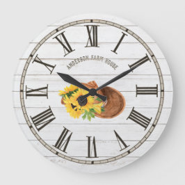 Rustic Barn White Wood Sunflowers Cowboy Hat Große Wanduhr