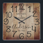 Rustic Barn Wood Farmhouse Custom Family Name Quadratische Wanduhr<br><div class="desc">A rustic, unique, one-of-a-kind personalized design features a faux wood background with and the words, "MICHAEL & KAREN Anderson est. 20XX" in black typography. Personalize this clock by adding your own personal information. Makes a great wedding, anniversary, or housewarming gift. Click "personalize this template" to change the names and fonts...</div>
