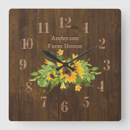 Rustic Barn Wood Farmhouse Kitchen Sunflowers Quadratische Wanduhr