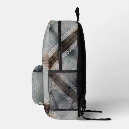 Rustic Barn Wood Lace Boho Chic Office Workspace Bedruckter Rucksack (Rechts)