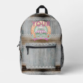 Rustic Barn Wood Lace Boho Chic Office Workspace Bedruckter Rucksack (Vorderseite)