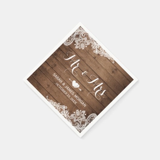 Rustic Barn Wood Lace Mr. und Mrs. Wedding Serviette (Ecke)