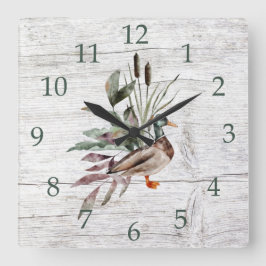 Rustic Barn Wood Mallard Duck Cattails Greenery Quadratische Wanduhr