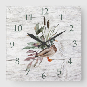 Rustic Barn Wood Mallard Duck Cattails Greenery Quadratische Wanduhr