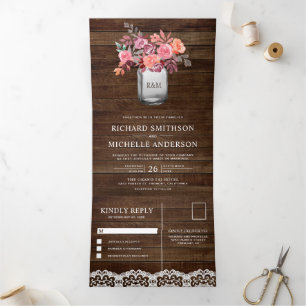 Rustic Barn Wood Marsala Floral Mason Jar Wedding Dreifach Gefaltete Einladung