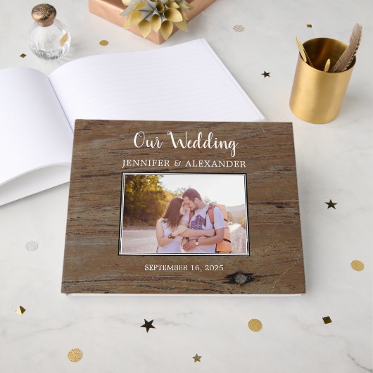 Rustic barn wood pattern photo couple wedding gästebuch (Vorderseite Offen)