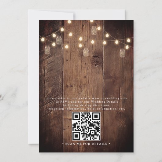 Rustic Barn Wood String Lights QR Code Wedding Einladung (Rückseite)