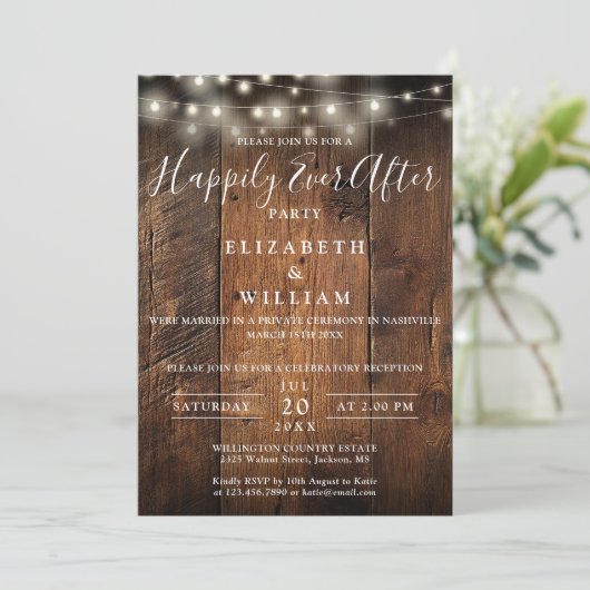 Rustic Barn Wood String Lights Wedding Reception Einladung (Stehend Vorderseite)