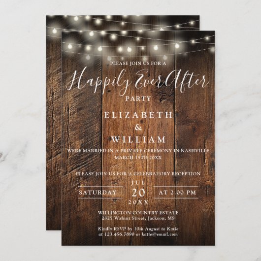 Rustic Barn Wood String Lights Wedding Reception Einladung (Vorne/Hinten)