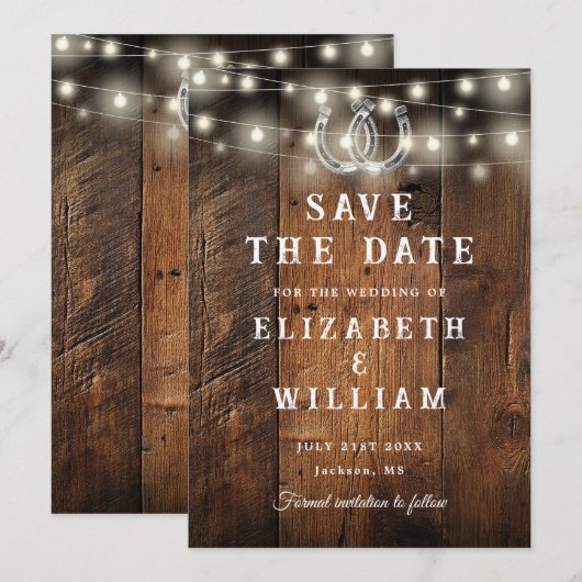 Rustic Barn Wood String Lights Western Wedding  Save The Date (Vorne/Hinten)