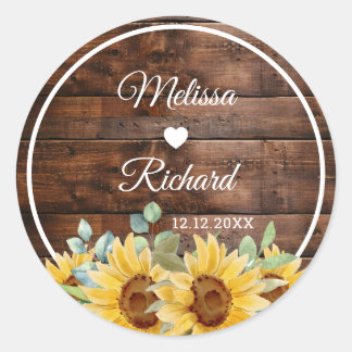 Rustic Barn Wood Sunflower Country Wedding Favor Runder Aufkleber