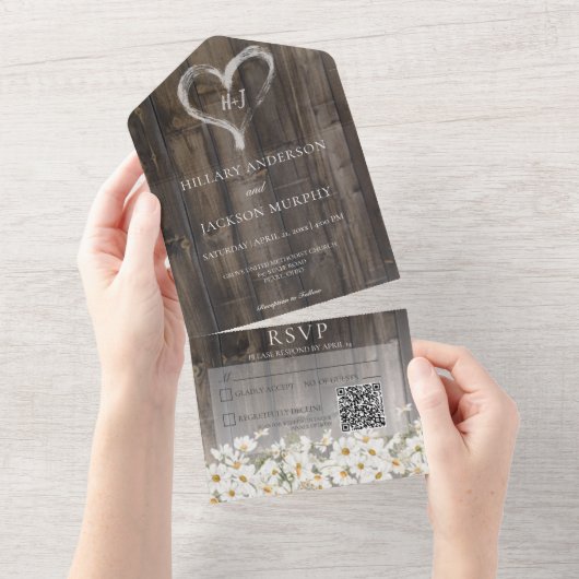 Rustic Barnwood & Daisies QR Code All In One Einladung (Abreißen)