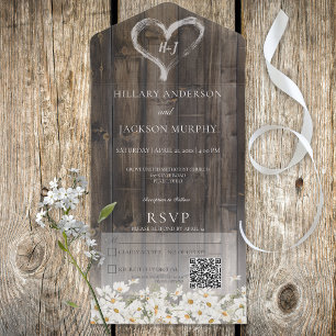 Rustic Barnwood & Daisies QR Code All In One Einladung