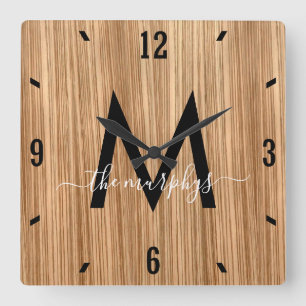 Rustic Barnwood Farmhouse Monogram Quadratische Wanduhr