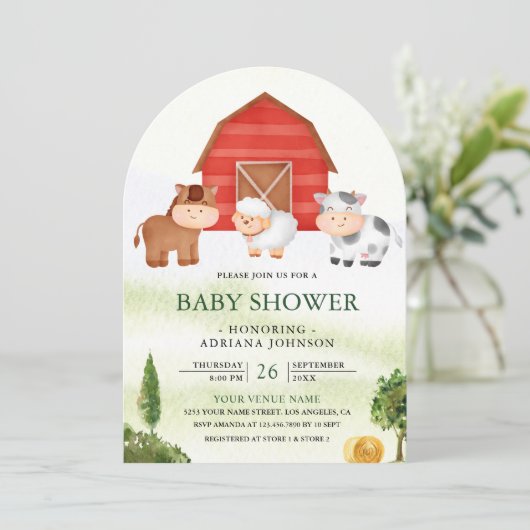 Rustic Barnyard Niedlich Farm Animals Arch Baby Du Einladung (Stehend Vorderseite)
