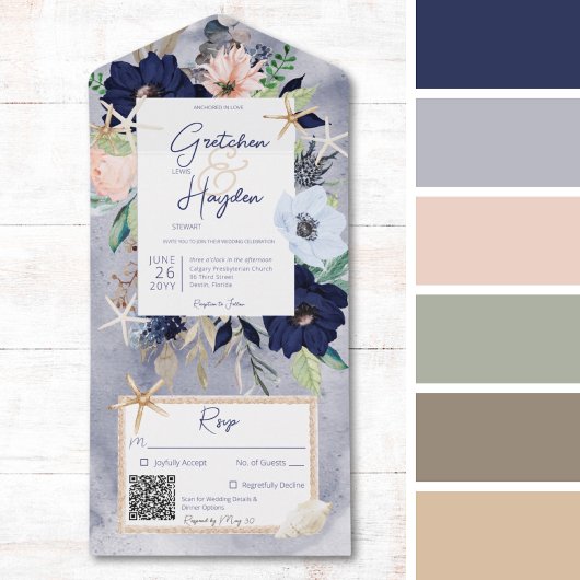 Rustic Beach Blue Nautic QR Code All In One Einladung