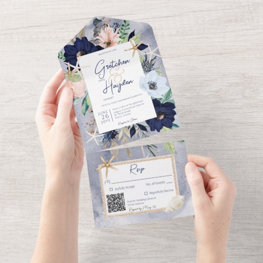 Rustic Beach Blue Nautic QR Code All In One Einladung (Abreißen)