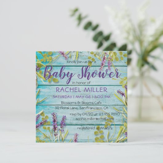 Rustic Beach Chic Lavender Baby Dusche Einladung (Stehend Vorderseite)