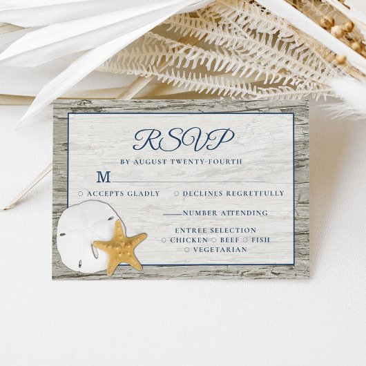 Rustic Beach Driftwood Sand Dollar Wedding RSVP Karte