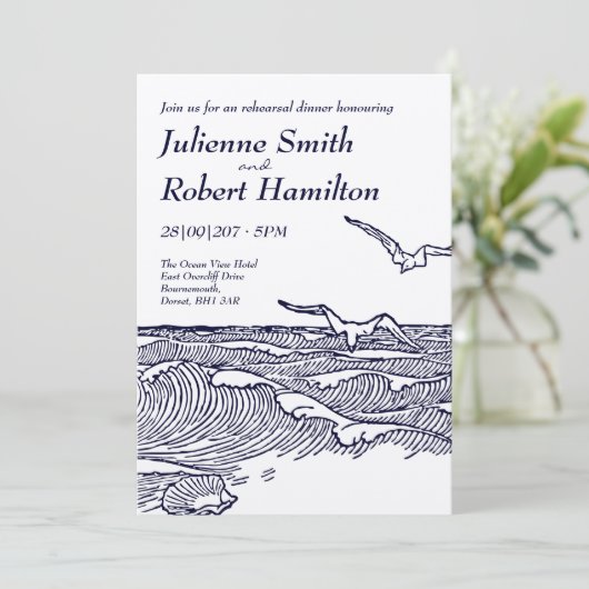 Rustic Beach Hochzeit Probe Dinner Einladung (Stehend Vorderseite)