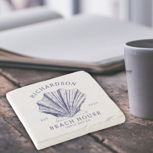 Rustic Beach House Familienname Nautic   Blau Steinuntersetzer