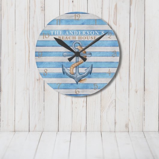Rustic Beach House Nautical Stripes Personalisiert Runde Wanduhr