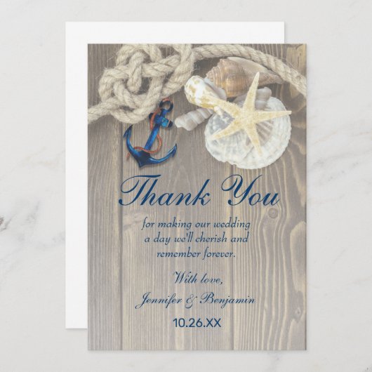 Rustic Beach Muschel Navy Anchor Nautical Wedge Dankeskarte (Vorne/Hinten)