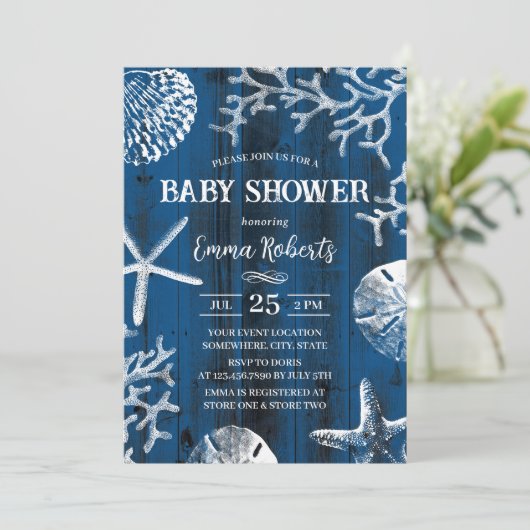 Rustic Beach Seashells Navy Blue Baby Dusche Einladung (Stehend Vorderseite)