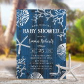 Rustic Beach Seashells Navy Blue Baby Dusche Einladung