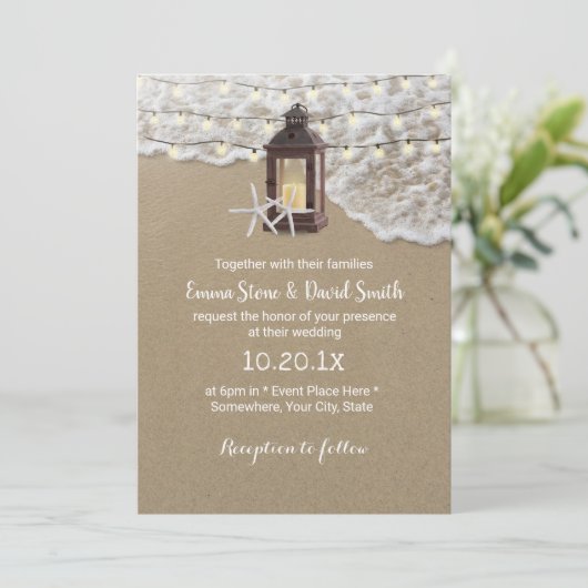 Rustic Beach Starfish Lantern String Light Wedding Einladung (Stehend Vorderseite)