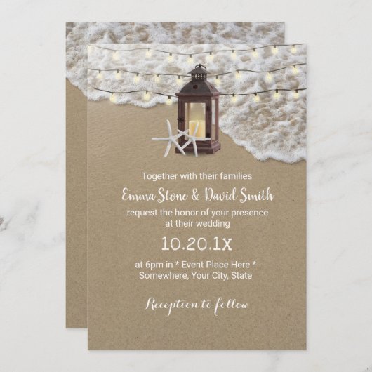 Rustic Beach Starfish Lantern String Light Wedding Einladung (Vorne/Hinten)
