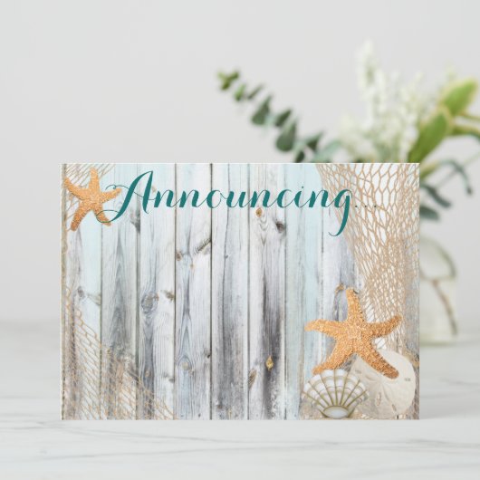 Rustic Beach Starfish Wedding Annoucement Einladung (Stehend Vorderseite)