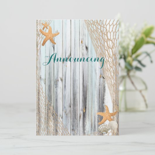Rustic Beach Starfish Wedding Annoucement Einladung (Stehend Vorderseite)