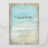 Rustic Beach String Lights Gold Foil Wedding Folieneinladung (Vorderseite)