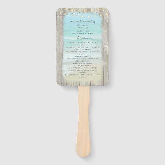 Rustic Beach String Lights Ocean Wedding Program Fächer (Vorderseite)