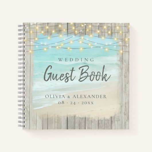 Rustic Beach String Lights Wedding Guest Book Notizblock (Vorderseite)