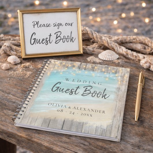 Rustic Beach String Lights Wedding Guest Book Notizblock