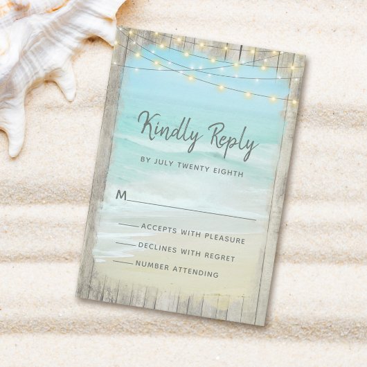 Rustic Beach String Lights Wood Wedding RSVP Karte