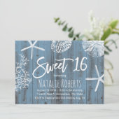 Rustic Beach Sweet 16 Starfish Seashell Dusty Blue Einladung (Stehend Vorderseite)