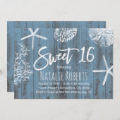 Rustic Beach Sweet 16 Starfish Seashell Dusty Blue Einladung (Vorne/Hinten)
