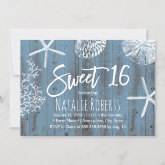Rustic Beach Sweet 16 Starfish Seashell Dusty Blue Einladung