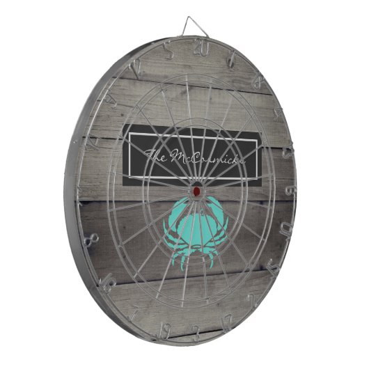 Rustic Beach Turquoise Blue Crab Family Monogram Dartscheibe (Vorderseite Links)
