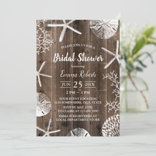 Rustic Beach Wedding Seashells Brautparty Einladung (Stehend Vorderseite)