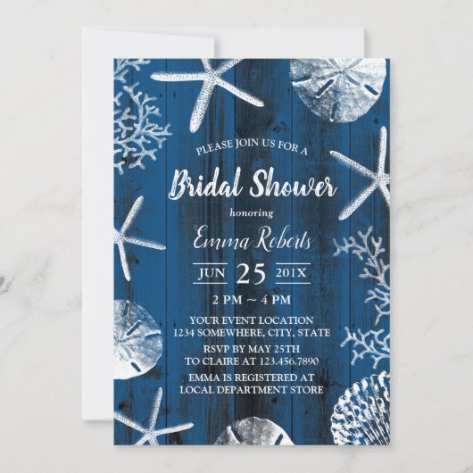 Rustic Beach Wedding Seashells Brautparty Navy Einladung (Vorderseite)