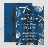 Rustic Beach Wedding Seashells Brautparty Navy Einladung (Vorne/Hinten)