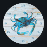Rustic Beach Wood Crab Coastal Große Wanduhr<br><div class="desc">Bring the beach to your home with this rustic wood with watercolor blue crab design wall clock.</div>