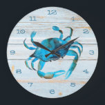 Rustic Beach Wood Crab Coastal Große Wanduhr<br><div class="desc">Bring the beach to your home with this rustic wood with watercolor blue crab design wall clock.</div>